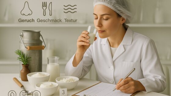 eine Frau die eine Sensorische Prüfung an Milchprodukten durchführt.
