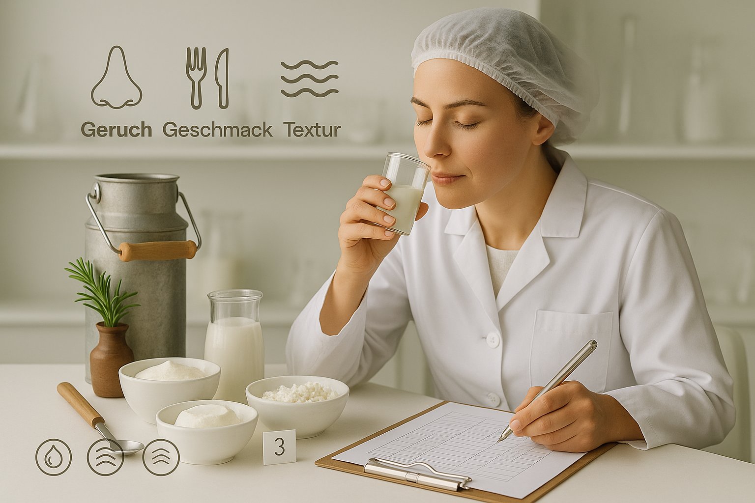 eine Frau die eine Sensorische Prüfung an Milchprodukten durchführt.